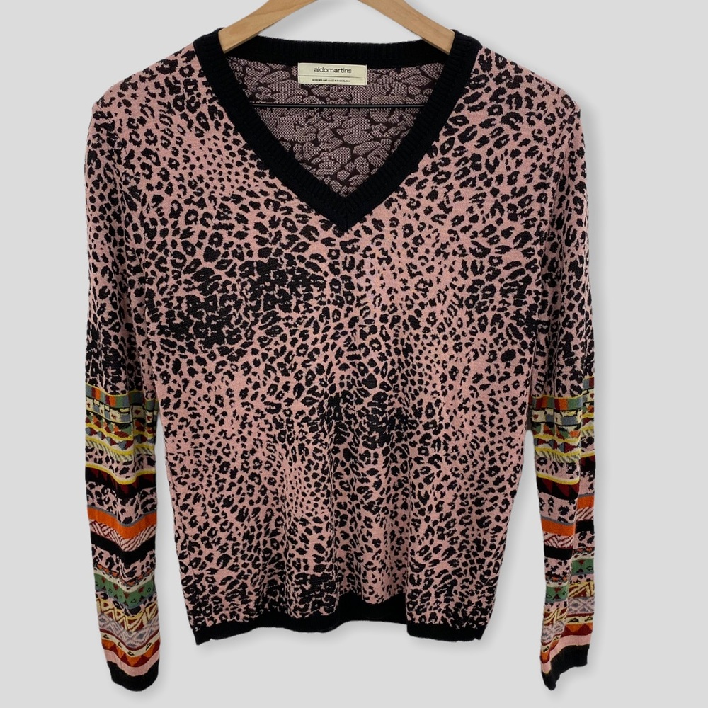 Aldo Martins Pink Leopard Print Mixed Print Sleeve V Neck Sweater